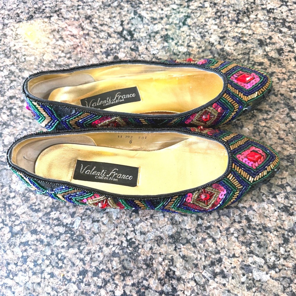 Valenti Franco Collection Beaded Flats Multicolor Geometric Sequin Shoes Size 6
